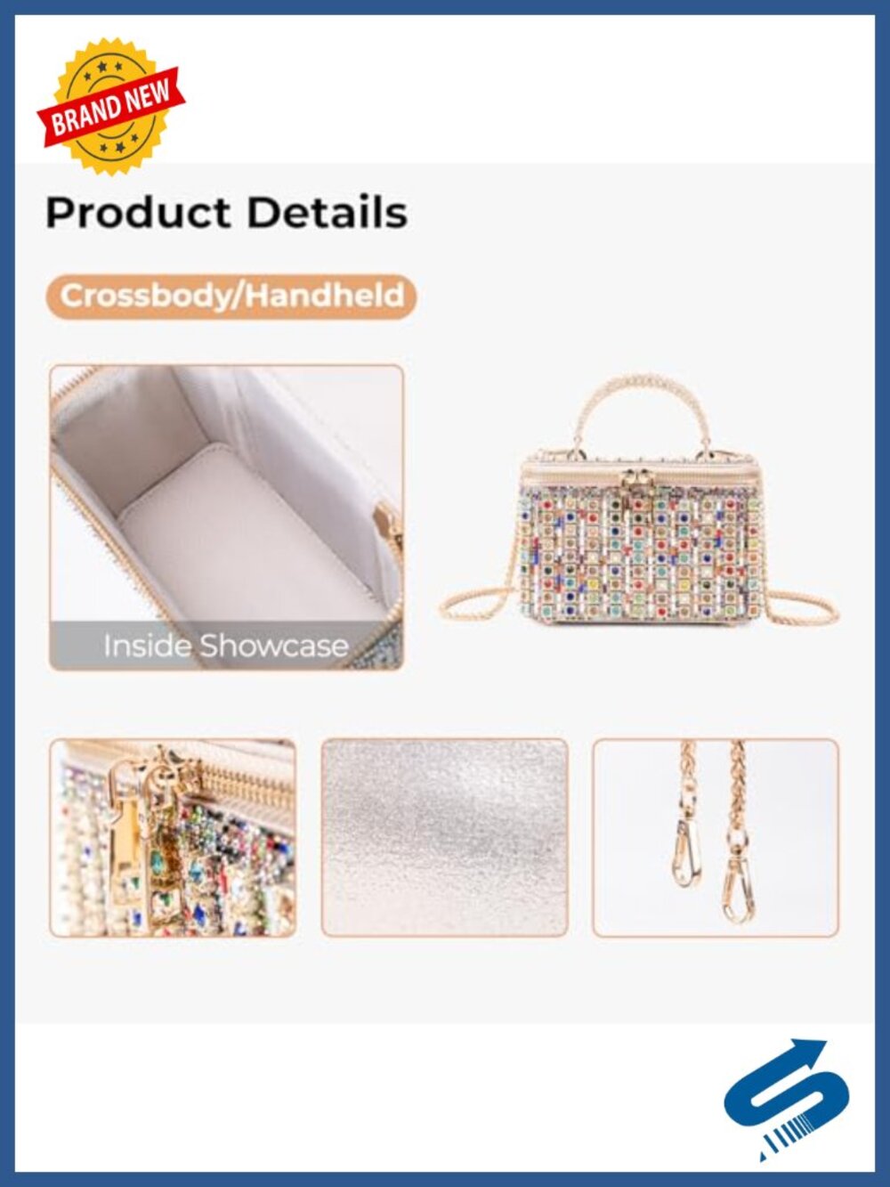 Rhinestone Box Evening Clutch Crossbody with Detachable Chain - Picture 5 of 6
